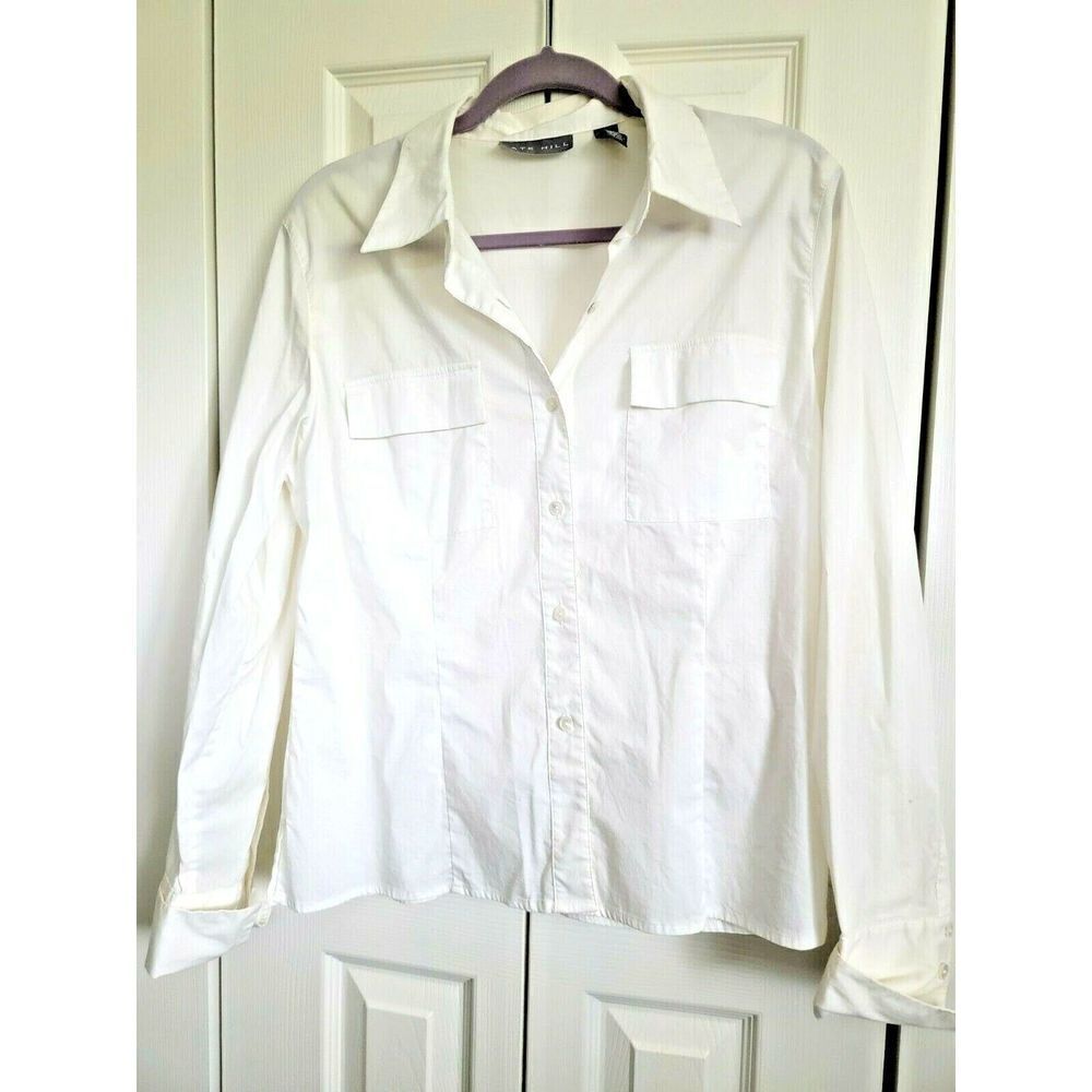 Kate Hill 14 White Cotton Blend L/S Stretch Button Front Shirt Blouse‎ Tunic 14
